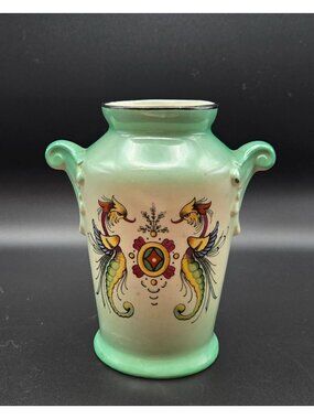 Hand-Painted Czech Vase Mythical Phoenix /Seahorse Amphora Style Vase, Bohemian